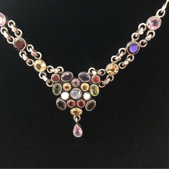 Multi Gemstone Silver Sari Bib Necklace - Picture 3 of 11